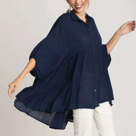 I-19 🌟 Button Down 3/4 Sleeve Collar Tiered Tunic Top in Navy Blue - Picture 1 of 1